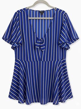 Torrid Royal Blue Striped Tie-Front Blouse Flutter Sleeve Peplum Top Plus Size
